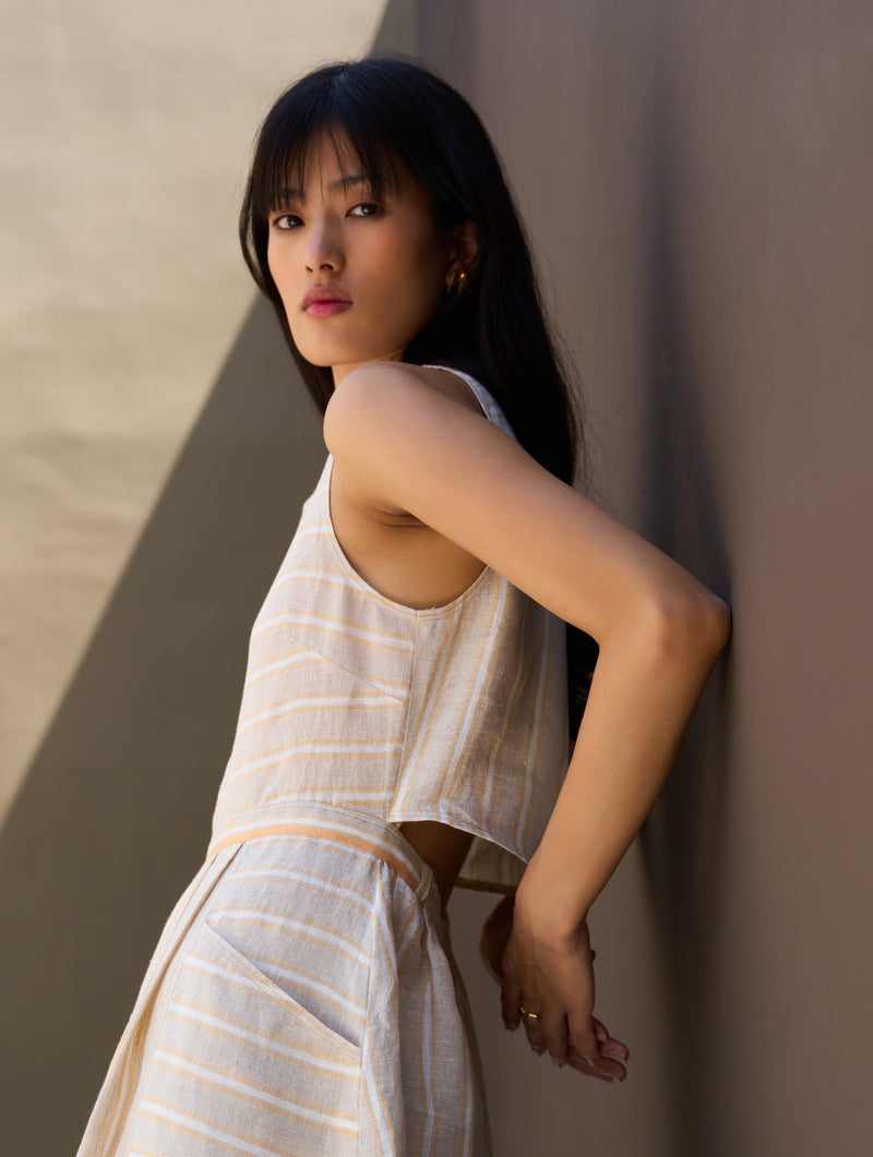 Neza Stripe Linen Sleeveless Dress - Natural