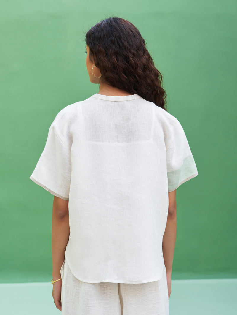 Kol Border Linen Crop Shirt - Ivory