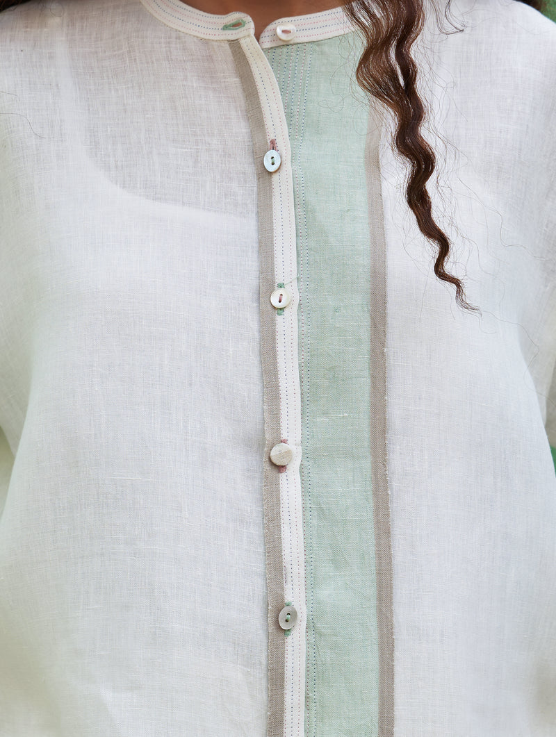 Kol Border Linen Crop Shirt - Ivory