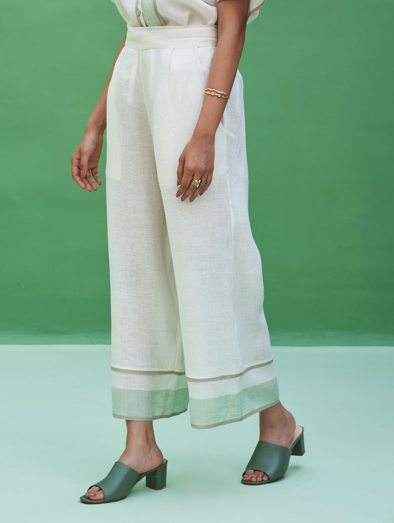 Mara Border Linen Pant - Ivory