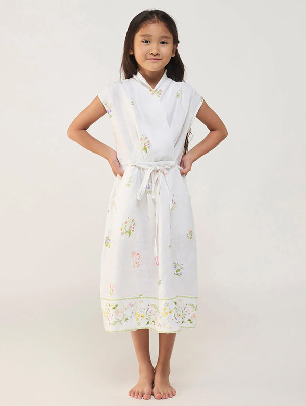 Mema Shawl Printed Collar Linen Dress - White