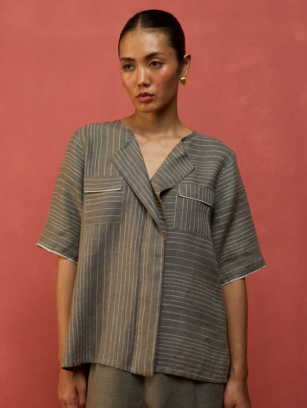Shiro Stripe Linen Top - Grey