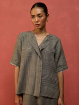 Shiro Stripe Linen Top - Grey