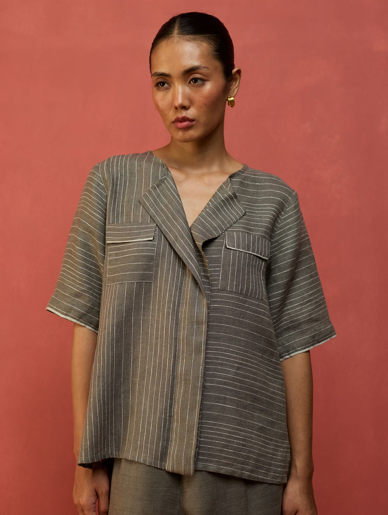 Shiro Stripe Linen Top - Grey