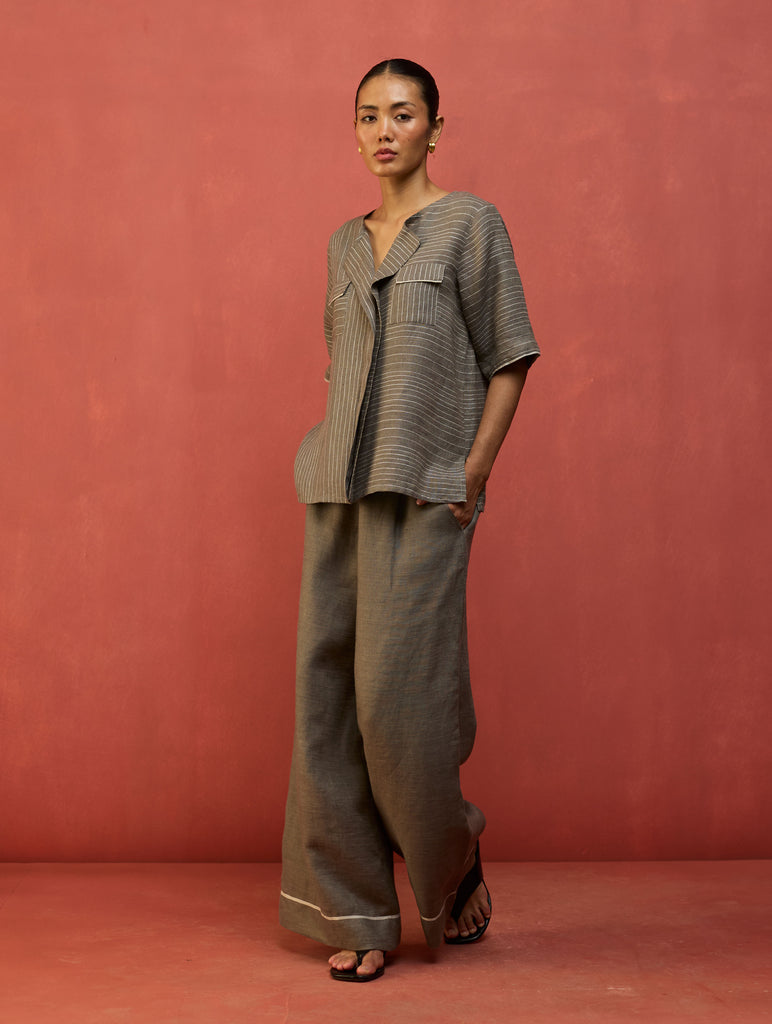 Shiro Stripe Linen Top - Grey
