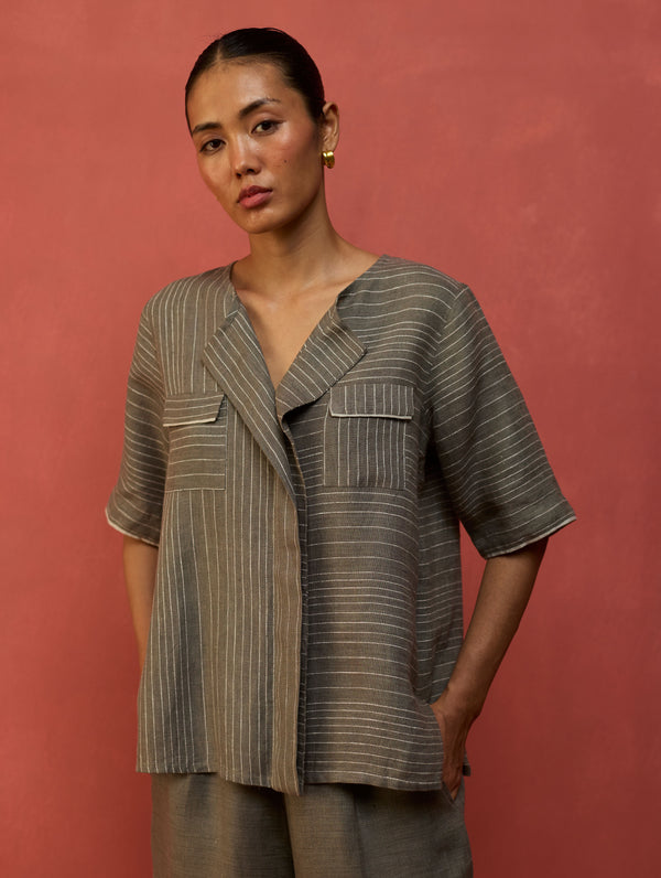 Shiro Stripe Linen Top - Grey
