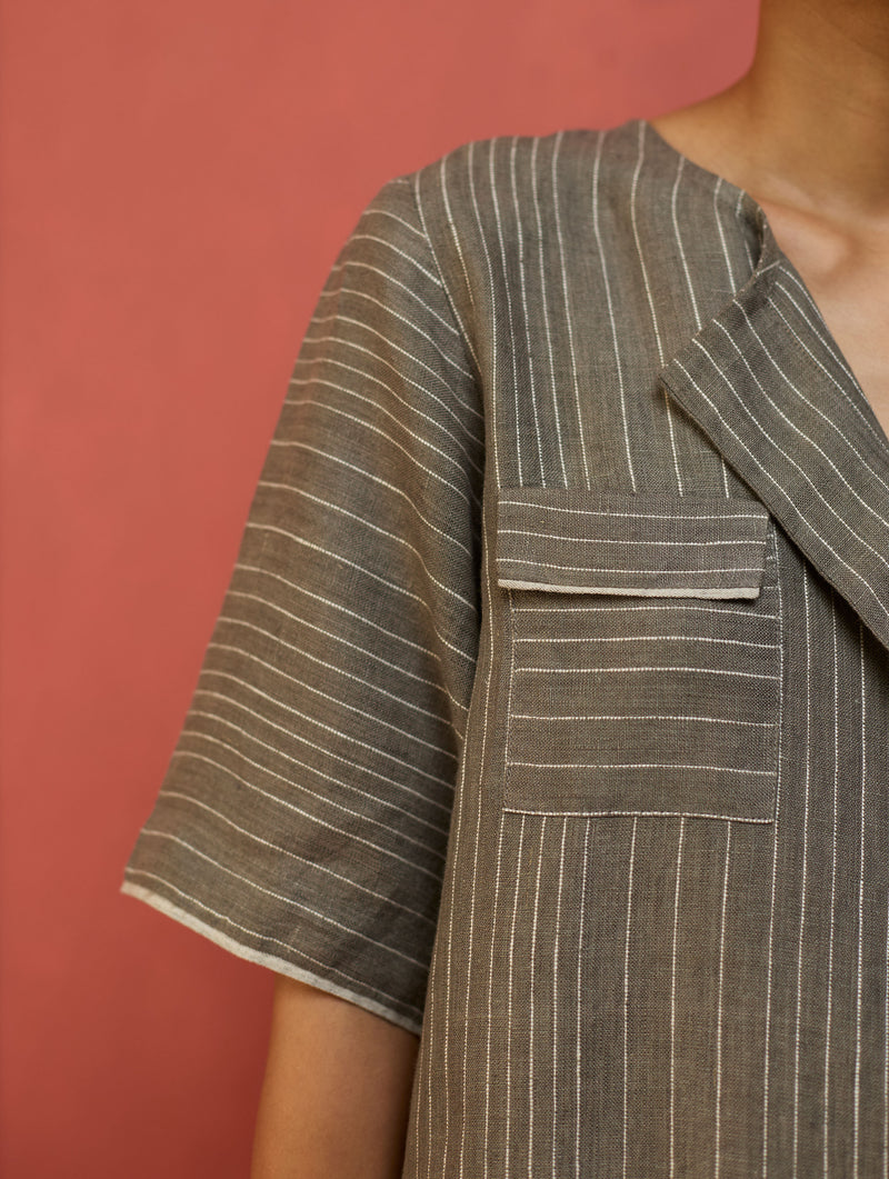 Shiro Stripe Linen Top - Grey