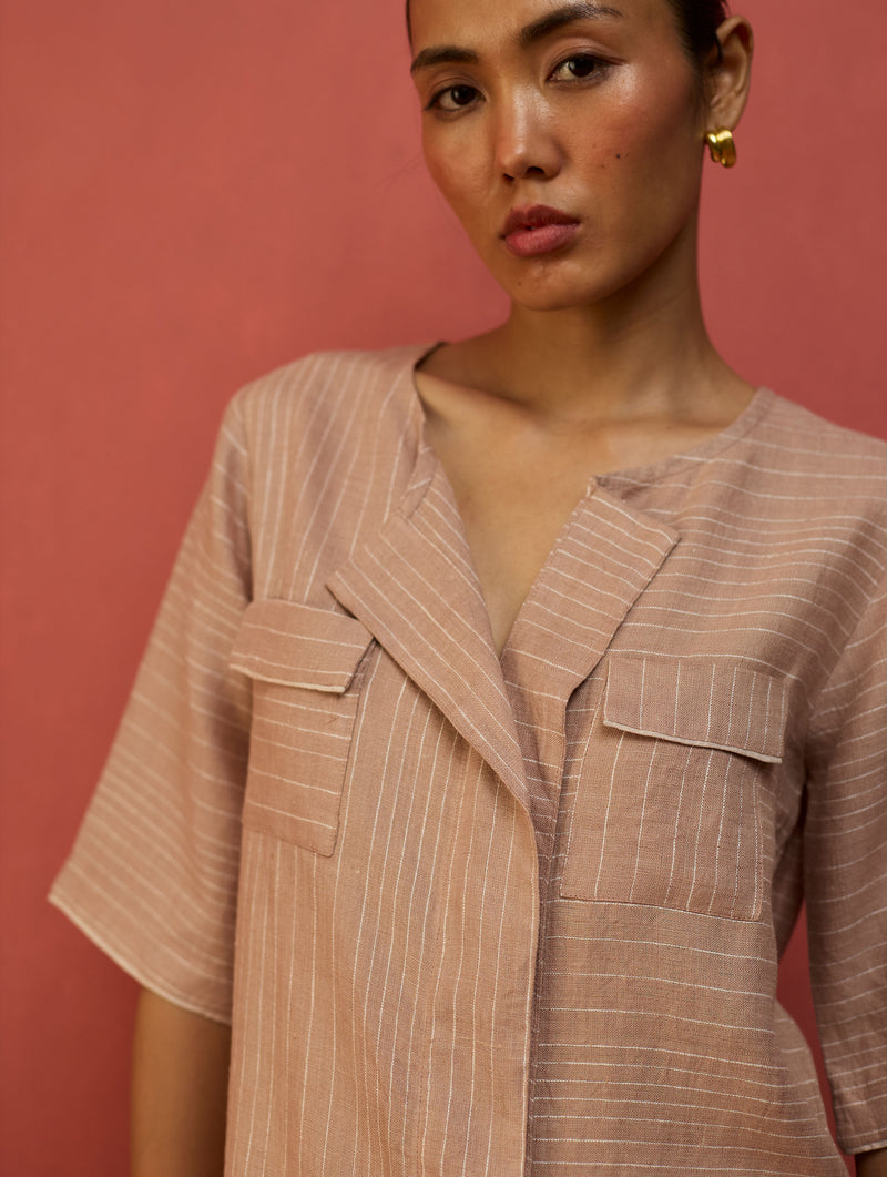 Shiro Stripe Linen Top - Dusty Rose