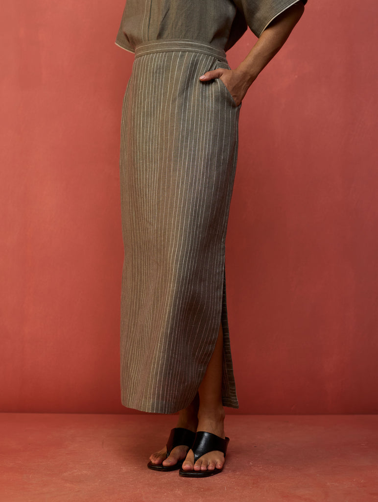 Hiro Stripe Linen Skirt - Grey