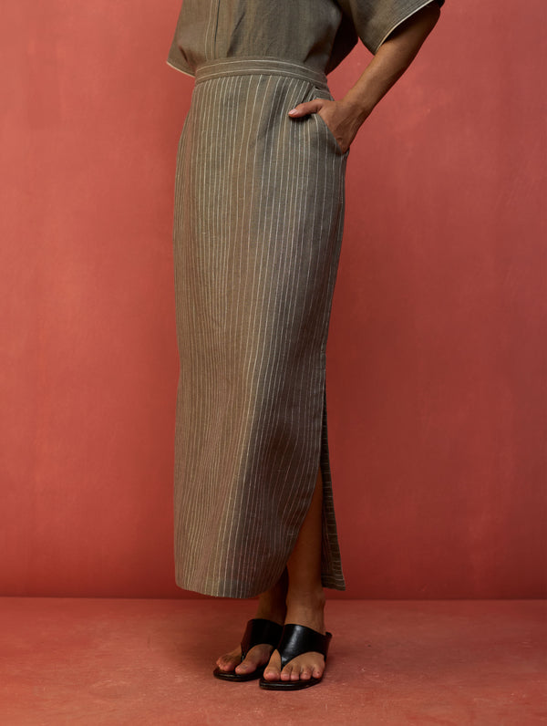 Hiro Stripe Linen Skirt - Grey