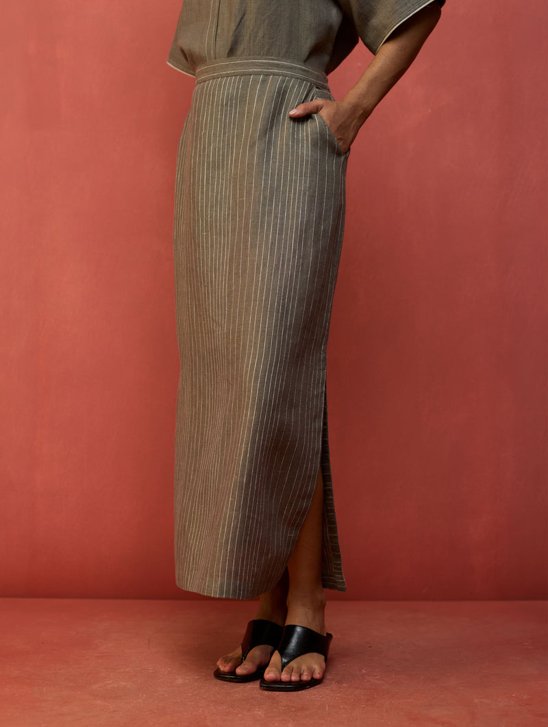 Hiro Stripe Linen Skirt - Grey