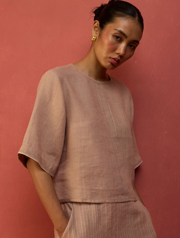 Mariko Cropped Linen Top - Blush
