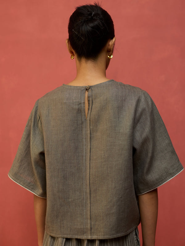 Mariko Crop Linen Top - Grey