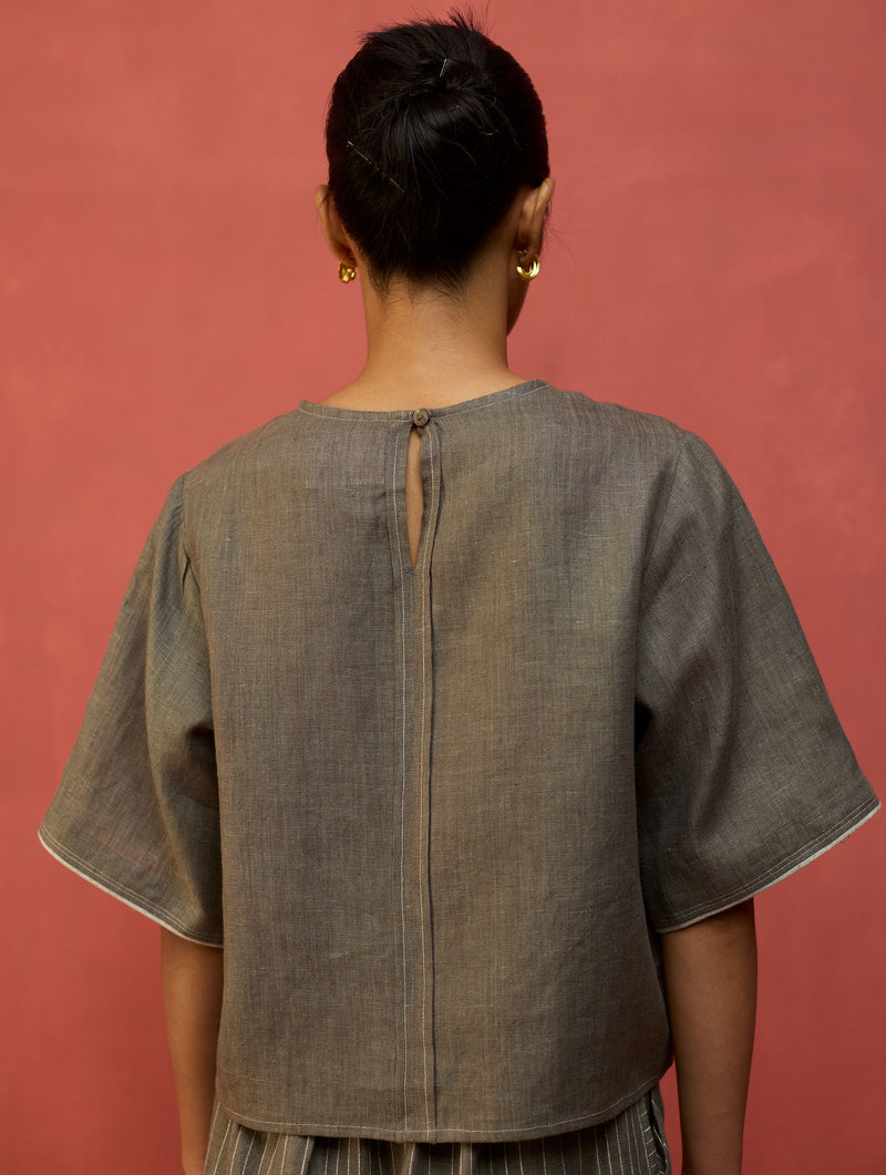 Mariko Crop Linen Top - Grey