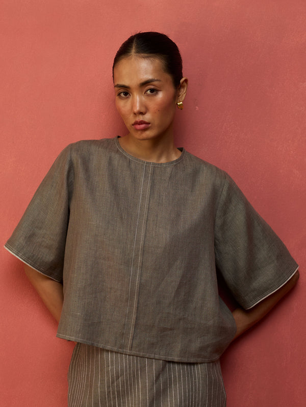 Mariko Crop Linen Top - Grey