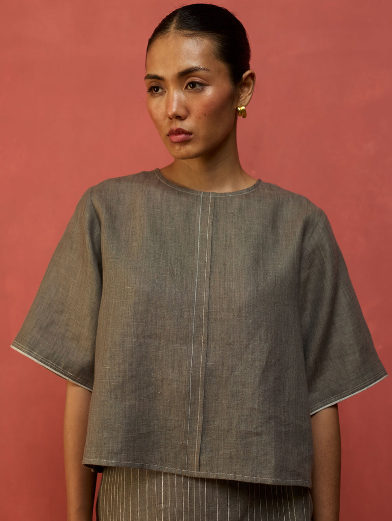 Mariko Crop Linen Top - Grey