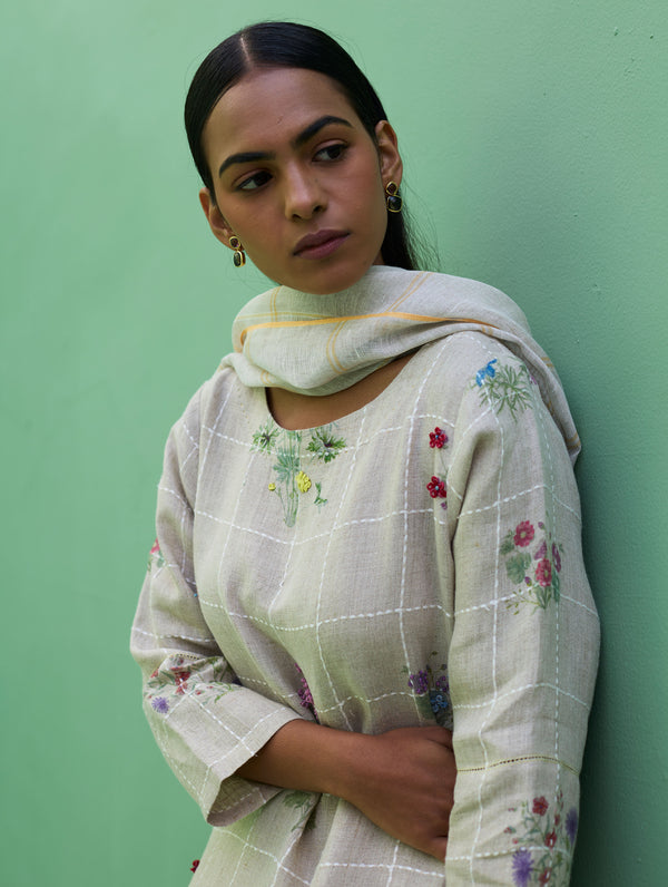 Sakura Botanical Stripe Linen Kurta Set - Natural