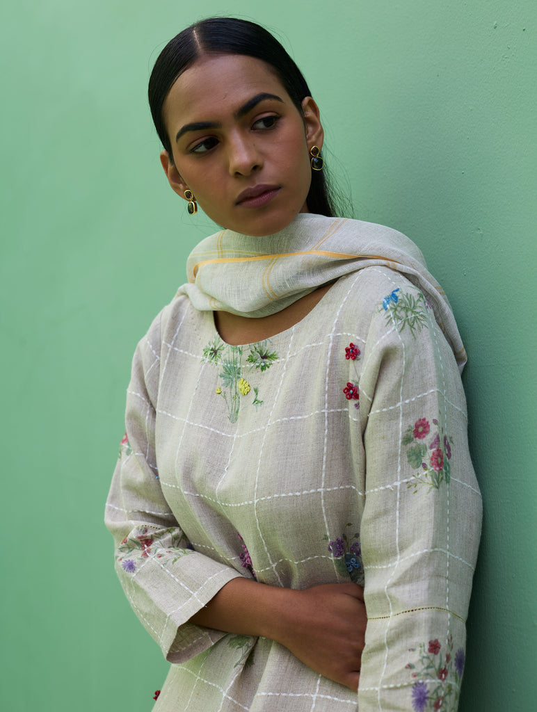 Sakura Botanical Stripe Linen Kurta Set - Natural