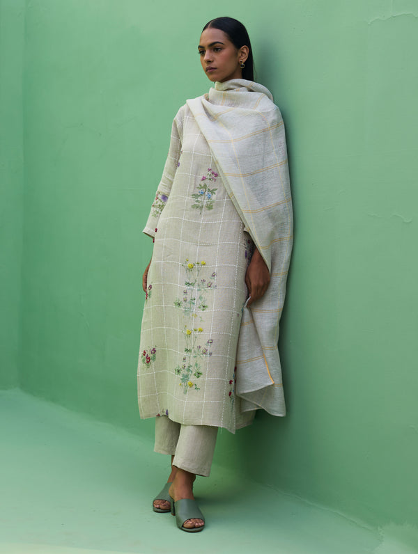 Sakura Botanical Stripe Linen Kurta Set - Natural