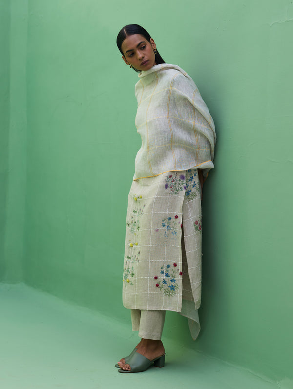 Sakura Botanical Stripe Linen Kurta Set - Natural