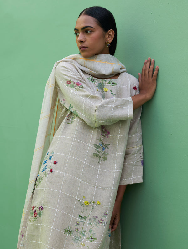 Sakura Botanical Stripe Linen Kurta Set - Natural