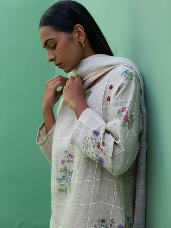 Sakura Botanical Stripe Linen Kurta Set - Natural