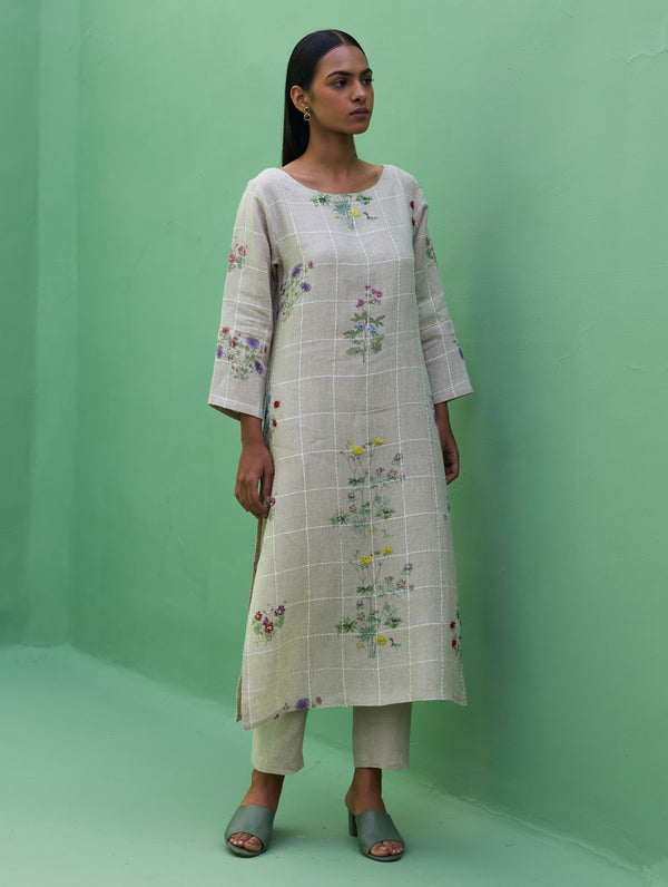 Sakura Botanical Stripe Linen Kurta Set - Natural