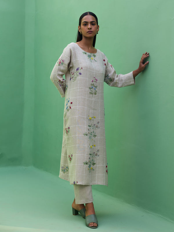 Sakura Botanical Stripe Linen Kurta Set - Natural