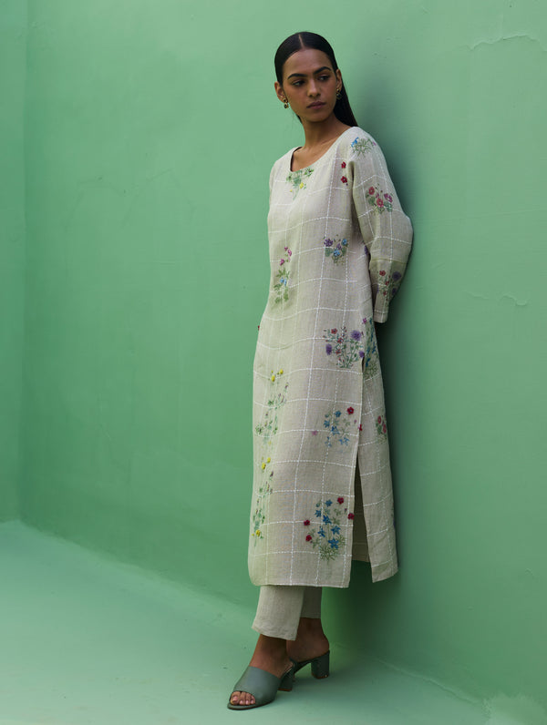 Sakura Botanical Stripe Linen Kurta Set - Natural