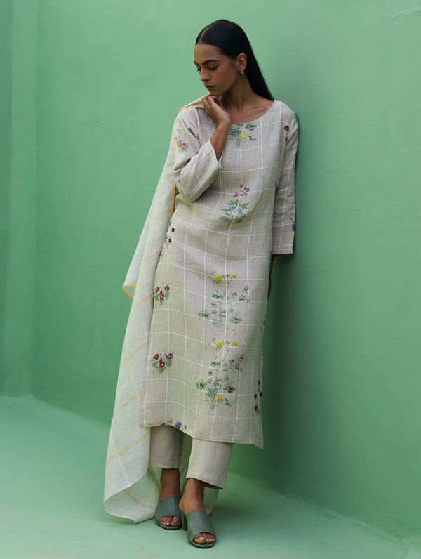 Sakura Botanical Stripe Linen Kurta Set - Natural