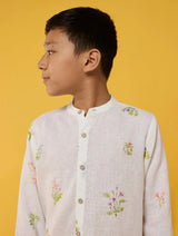 Akio Floral Linen Shirt - White