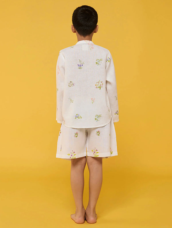 Akio Floral Linen Shirt - White