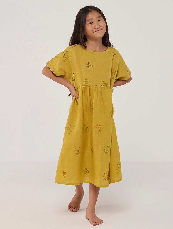 Rasa Floral Printed  Linen Dress - Ochre