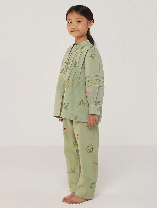 Akavi Pleated Floral Linen Co-ord Set - Mint