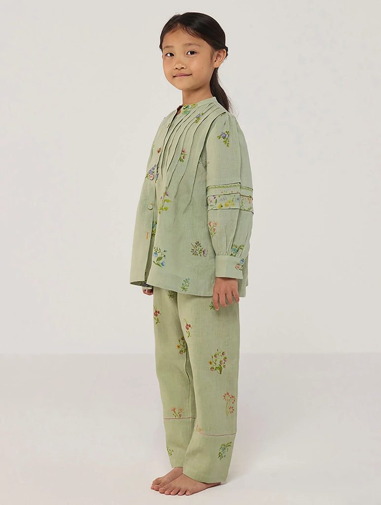 Akavi Pleated Floral Linen Co-ord Set - Mint