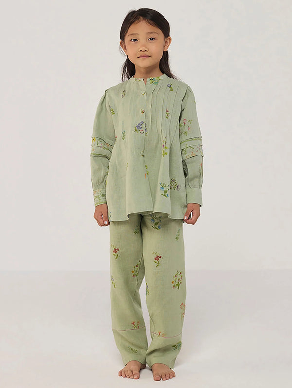 Akavi Pleated Floral Linen Co-ord Set - Mint