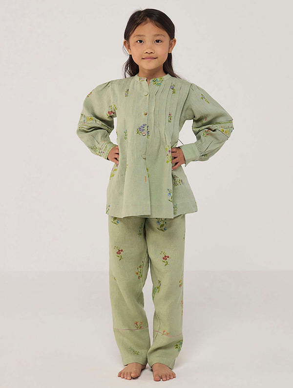 Akavi Pleated Floral Linen Co-ord Set - Mint
