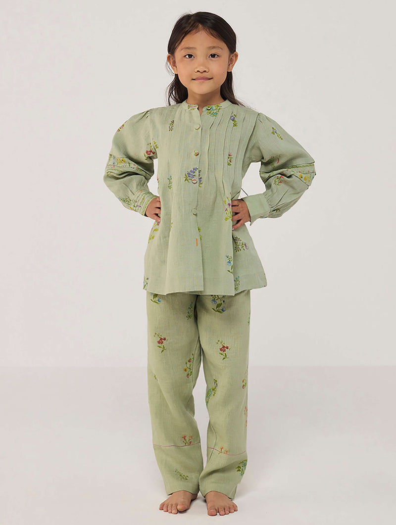 Akavi Pleated Floral Linen Co-ord Set - Mint