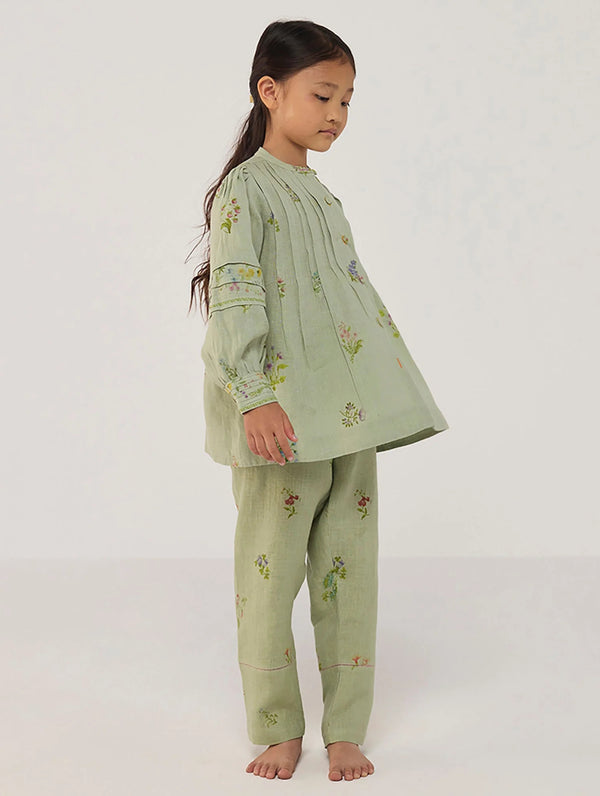 Akavi Pleated Floral Linen Co-ord Set - Mint