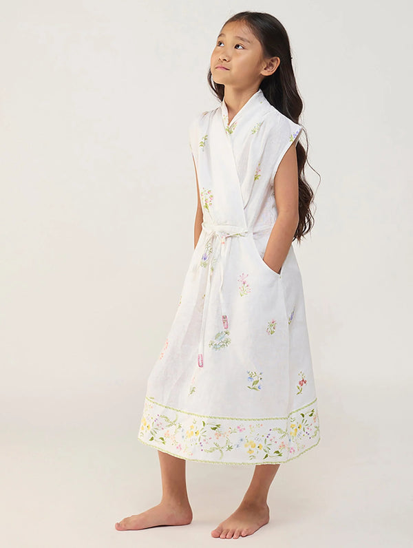 Mema Shawl Printed Collar Linen Dress - White