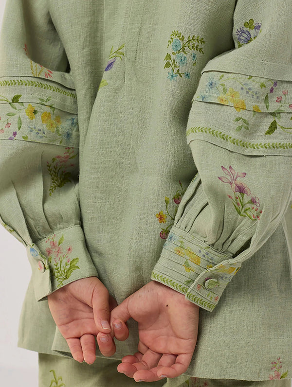 Akavi Pleated Floral Linen Shirt - Mint