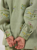 Akavi Pleated Floral Linen Shirt - Mint