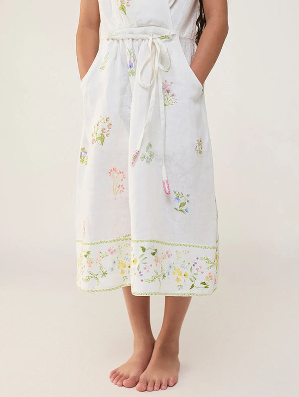 Mema Shawl Printed Collar Linen Dress - White