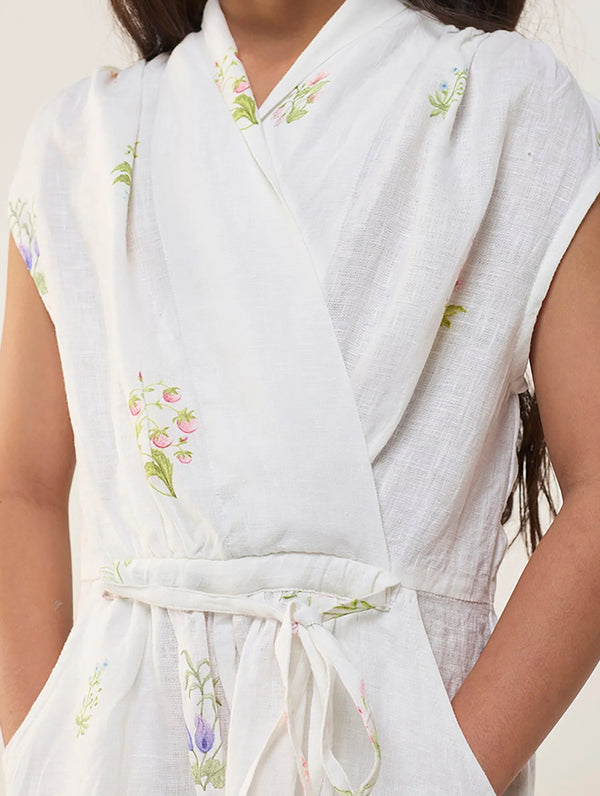 Mema Shawl Printed Collar Linen Dress - White