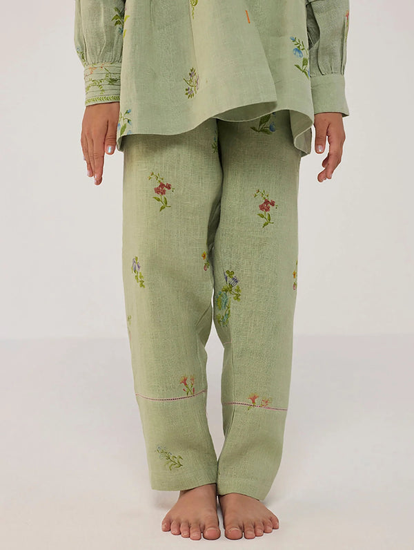 Akavi Pleated Floral Linen Co-ord Set - Mint