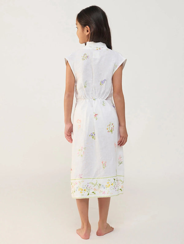 Mema Shawl Printed Collar Linen Dress - White