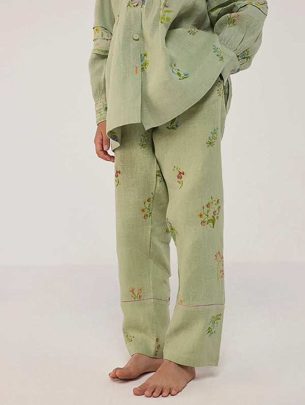 Akavi Pleated Floral Linen Co-ord Set - Mint