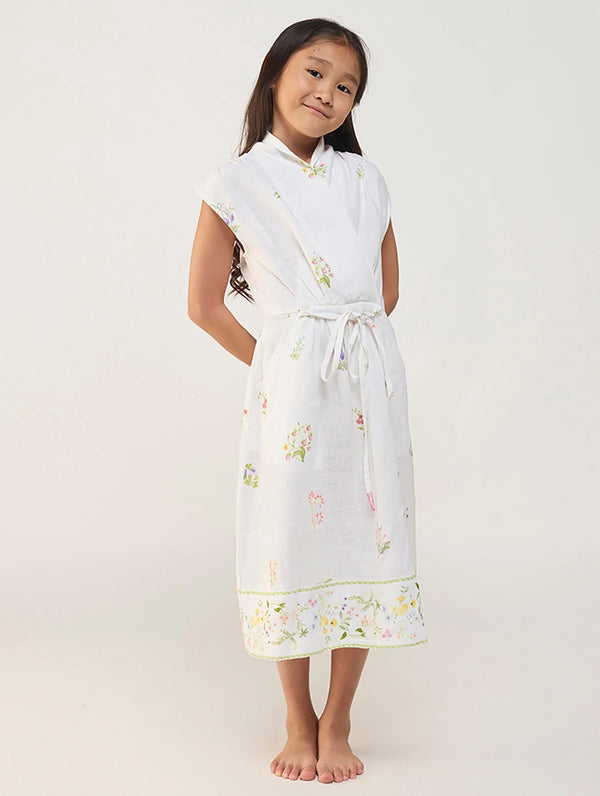 Mema Shawl Printed Collar Linen Dress - White