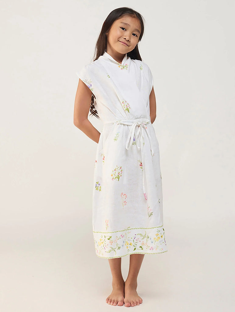 Mema Shawl Printed Collar Linen Dress - White