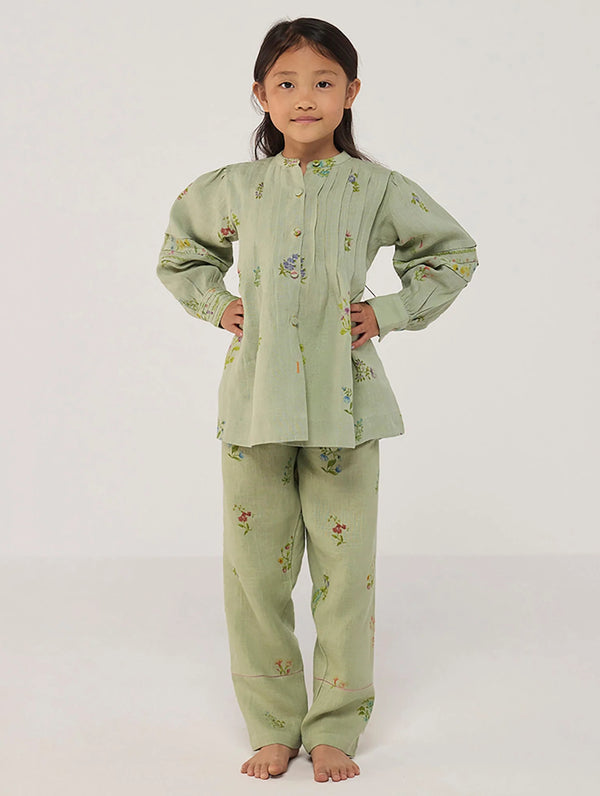 Akavi Pleated Floral Linen Shirt - Mint